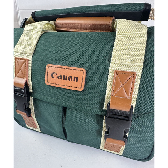Retro Canon Camera Bag Organizer Green Pockets Shoulder Strap DSLR Carry Case - Picture 4 of 15